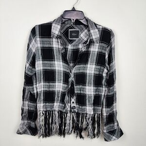 Rails Black and White Plaid Fringe Shirt, size xs